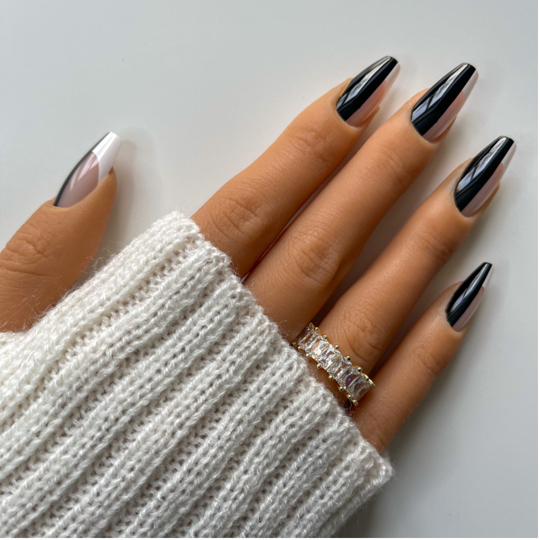 Faux ongles amendes noires et blanc réutilisables et écologiques